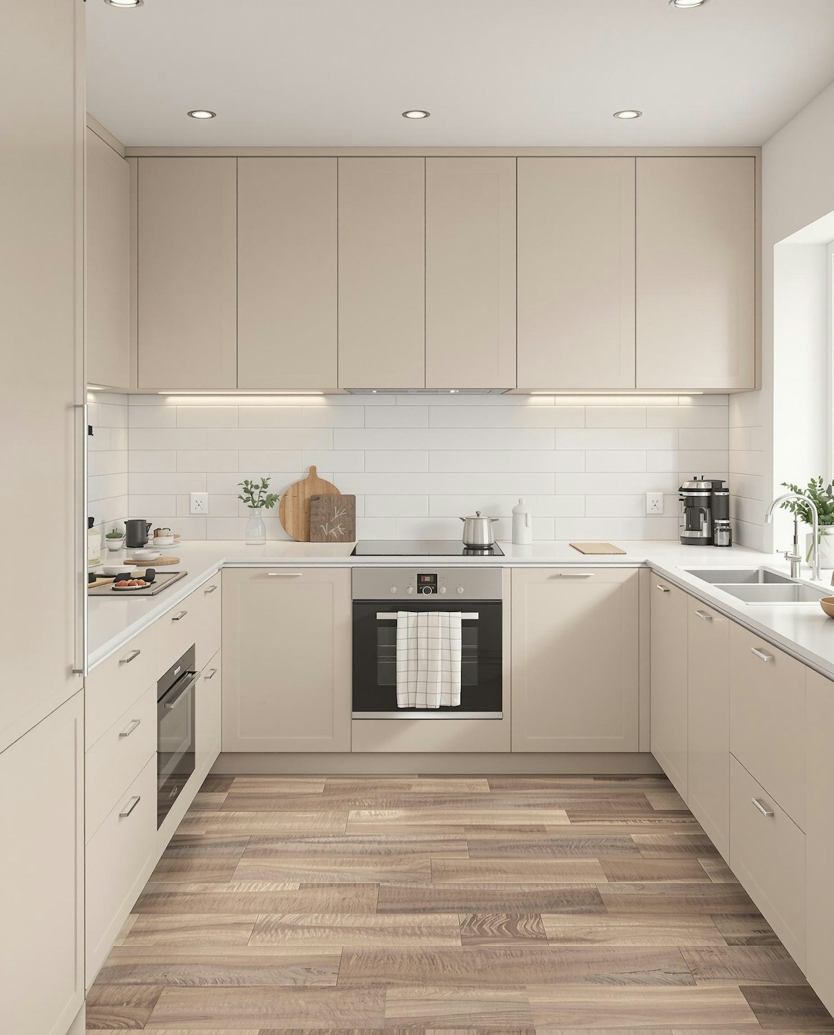 Beige kitchen with subway tile backsplash and warm wood flooring